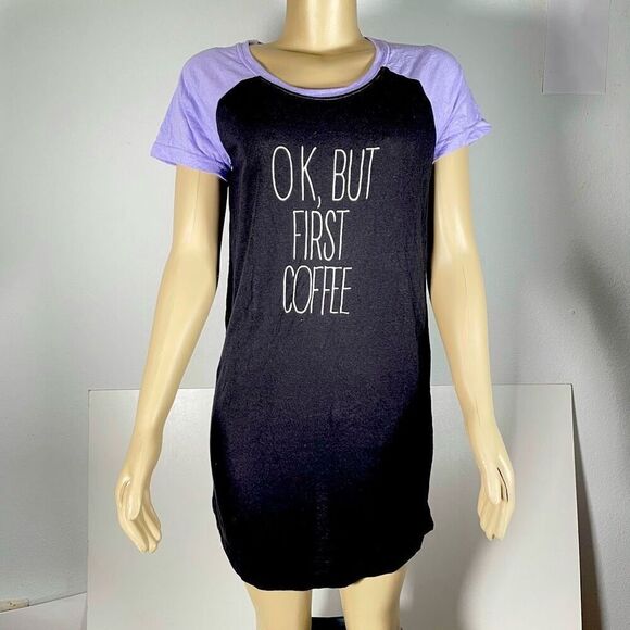 NWT Joe Boxer Gorgeous S OK BUT FIRST COFFEE Black Purple Nightgown Pajama Shirt - Picture 1 of 12